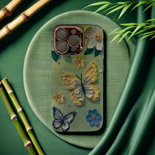 Green Background with Butterfly and Inlaid Diamonds Design