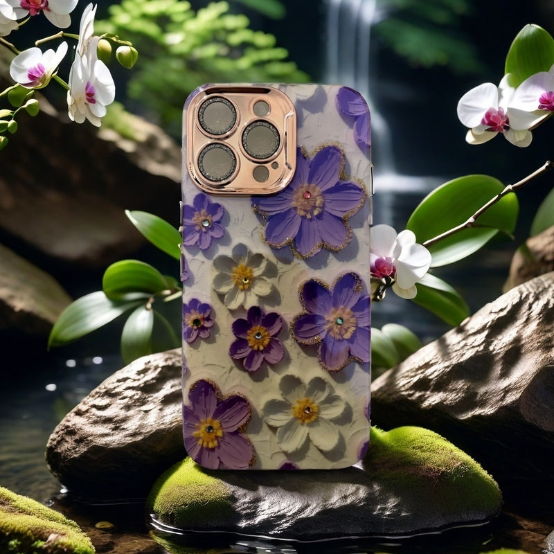 White Background with Purple Flowers and Inlaid Diamonds Design