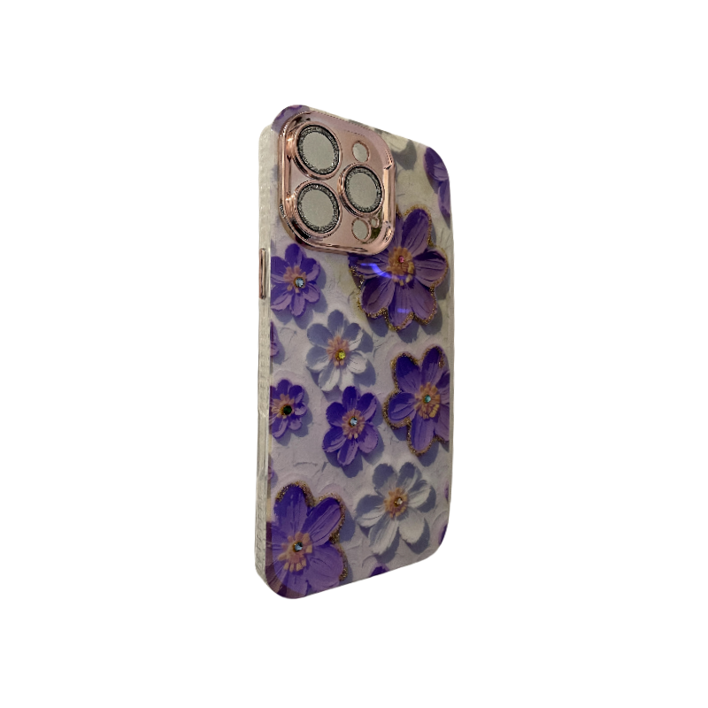 White Background with Purple Flowers and Inlaid Diamonds Design2