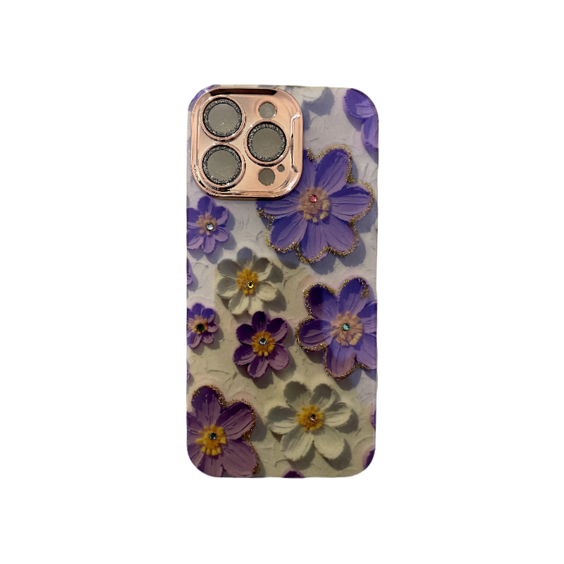 White Background with Purple Flowers and Inlaid Diamonds Design3